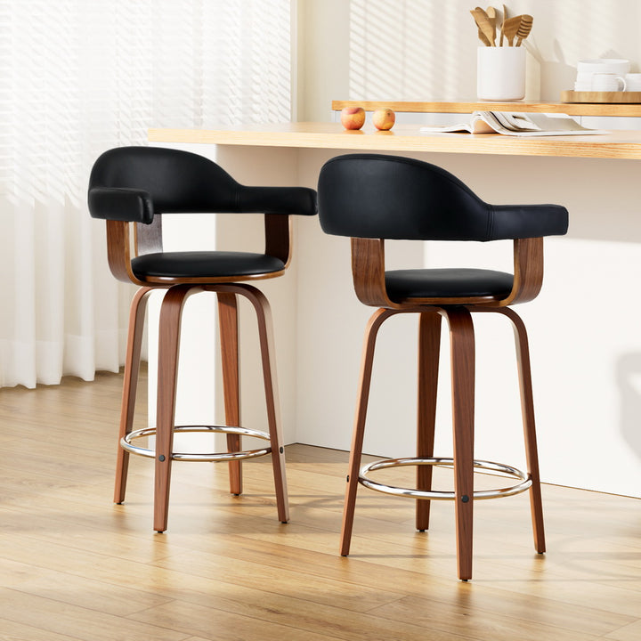Luxury design 2x Bar Stools Leather Seat Wooden Legs