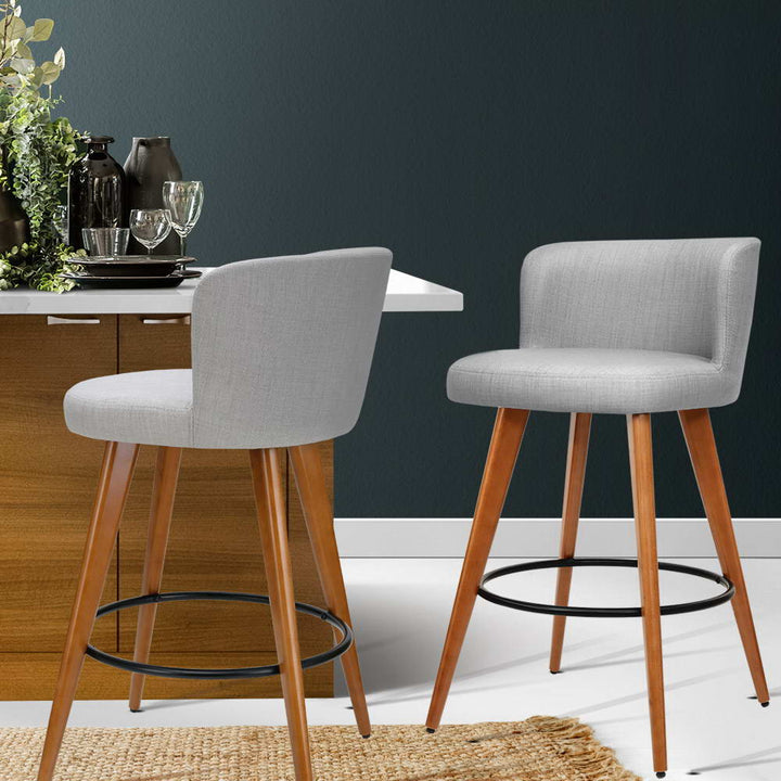Natural 2x Bar Stools Linen Padded Wooden Grey