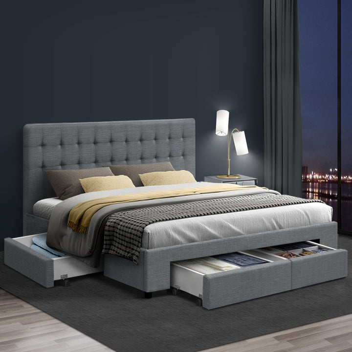 Luxe Bed Frame Queen Size with 4 Drawers Grey AVIO