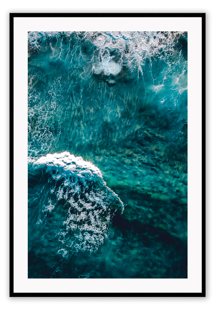 Blue ocean portrait landscape print with waves and ripple white wash coast
