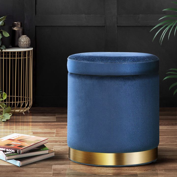 Ottoman Storage Foot Stool Round Velvet Navy