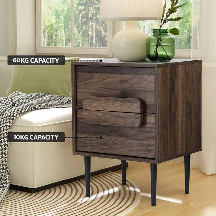 Walnut Bedside Table Nightstand 2 Drawers