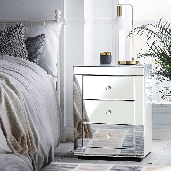 Persian Bedside Table 3 Drawers Mirrored - PRESIA Silver
