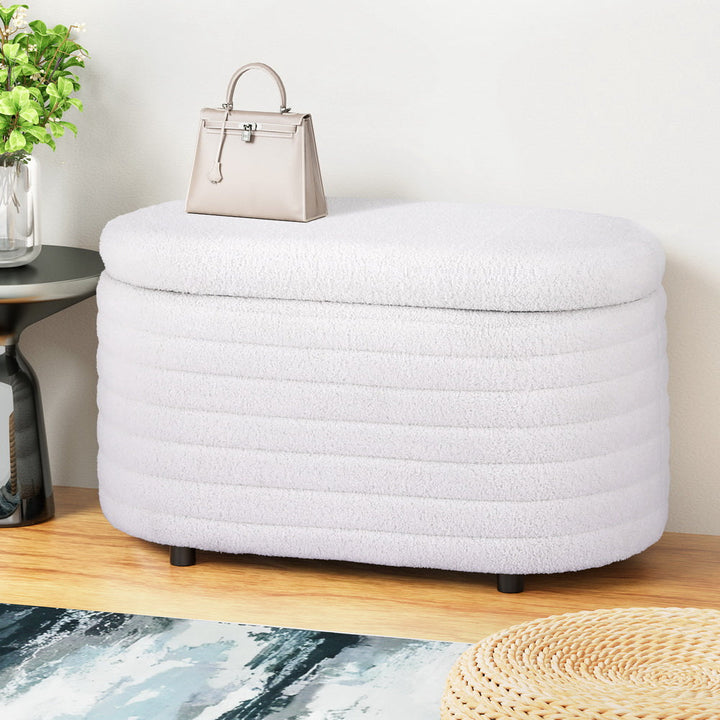 Coastal Charm Storage Ottoman Blanket Box 87cm Boucle Fabric Oval
