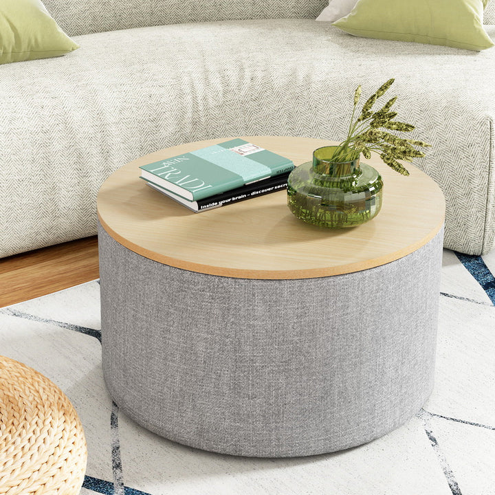 Coastal Charm Storage Ottoman Blanket Box 60cm Linen Round Grey