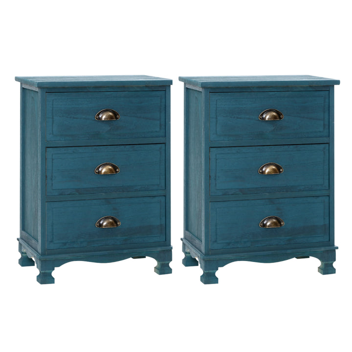 Retro 2x Bedside Table 3 Drawers Vintage - THYME Blue