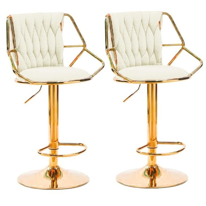 2x Height Velvet Padded Golden Round Base Barstools Chairs with Backrest and Footrest -BEIGE