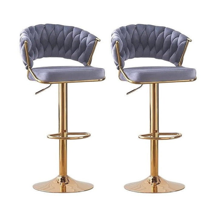 2x Height Grey Velvet Padded Golden Round Base Barstools Chairs