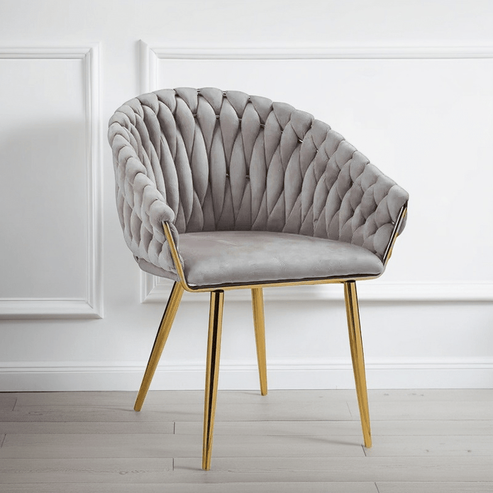 SERENITà Grey Modern Velvet Dining Chairs, Upholstered Living Room Chair with Woven Back and Golden Metal Legs, Mid-Century Accent Set of 2
