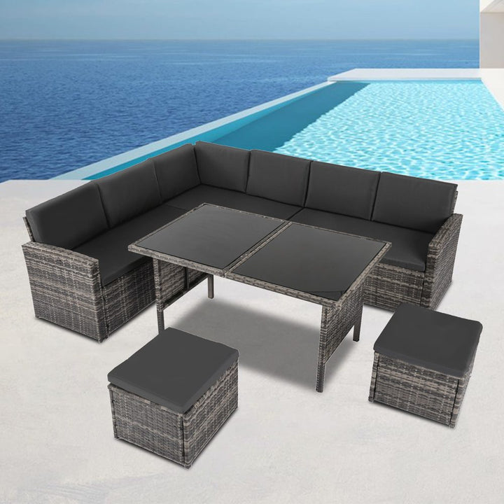 8-Seater Modular Outdoor Garden Lounge and Dining Set with Table and Stools in Dark Grey Weave