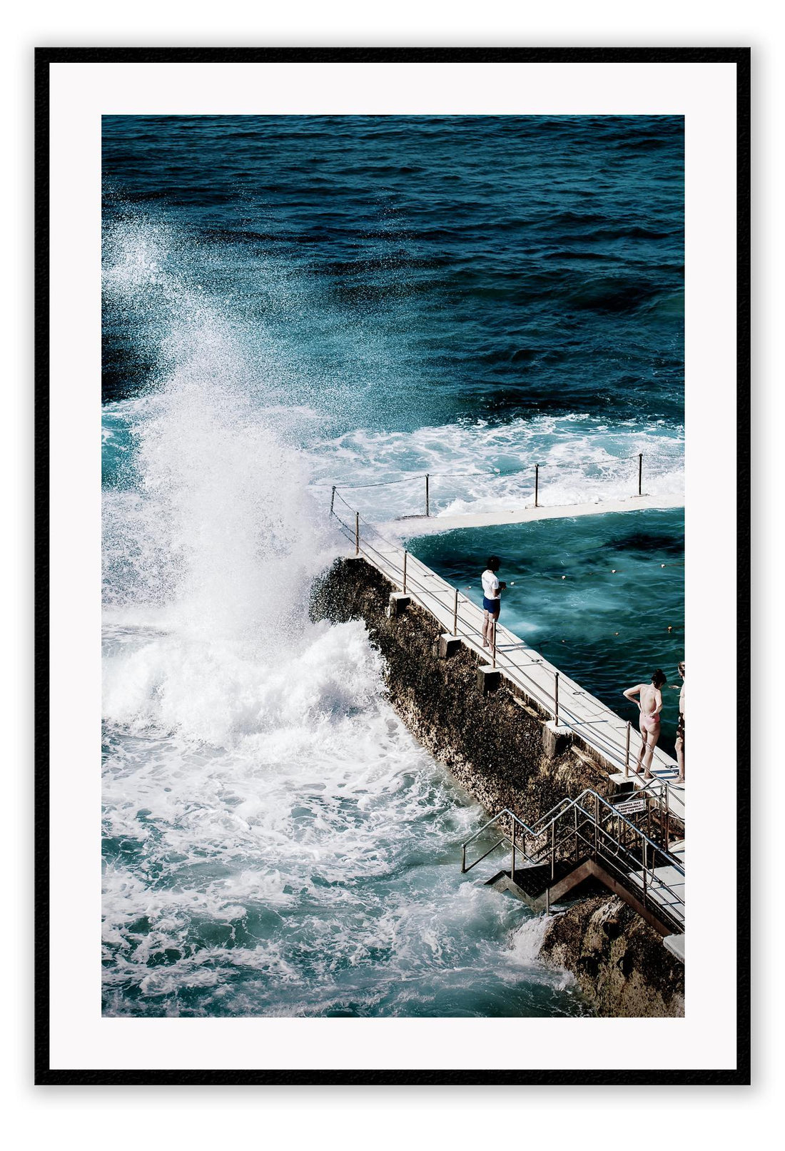 Sydney beach water ocean print with blue white wash waves splashing on pool vintage coast