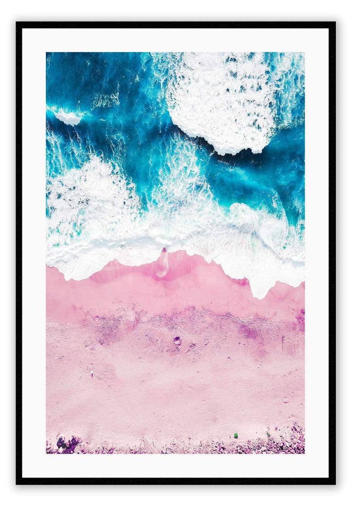 Pink sand ocean photography print with beach ocean sea coastal tones from aerial view.