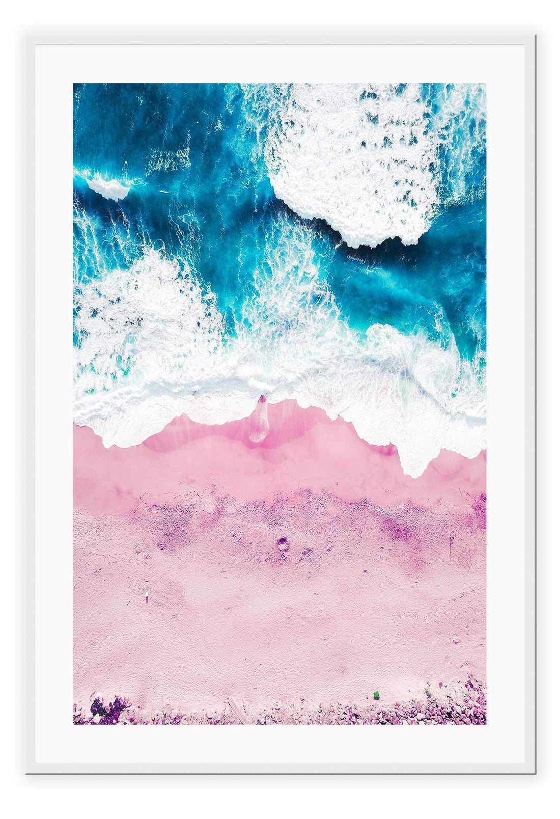 Pink sand ocean photography print with beach ocean sea coastal tones from aerial view.