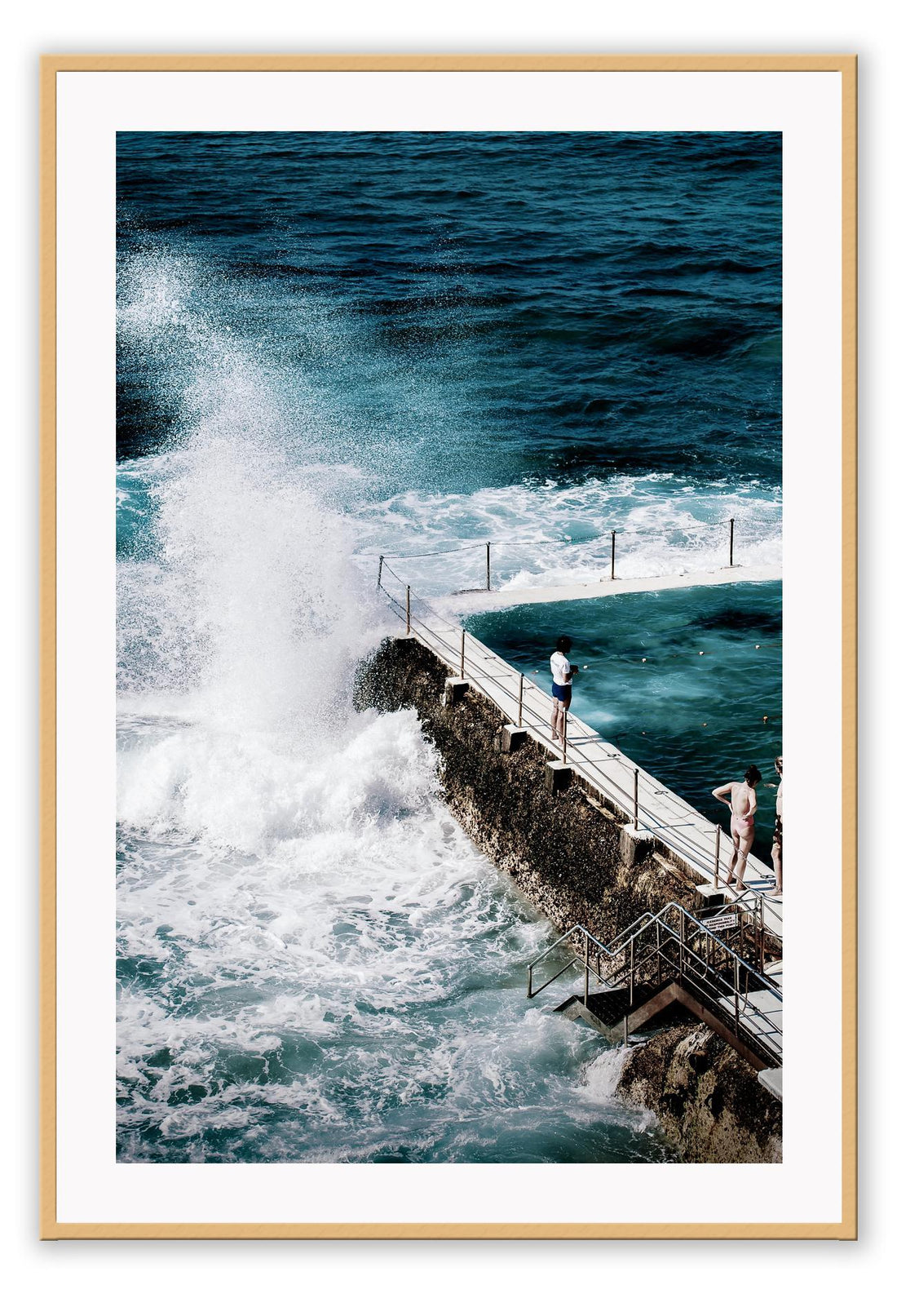Sydney beach water ocean print with blue white wash waves splashing on pool vintage coast