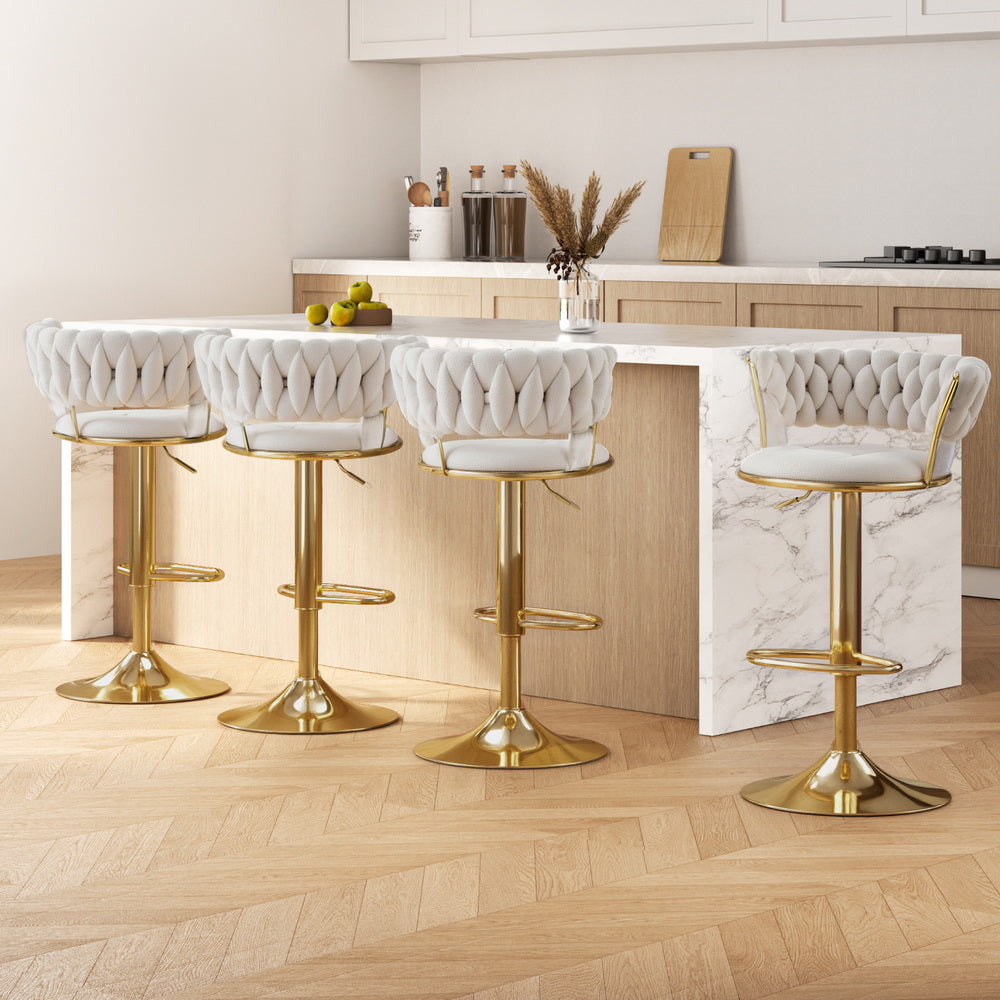 Luxury 4x Bar Stools Gas Lift Velvet Woven Backrest Ivory