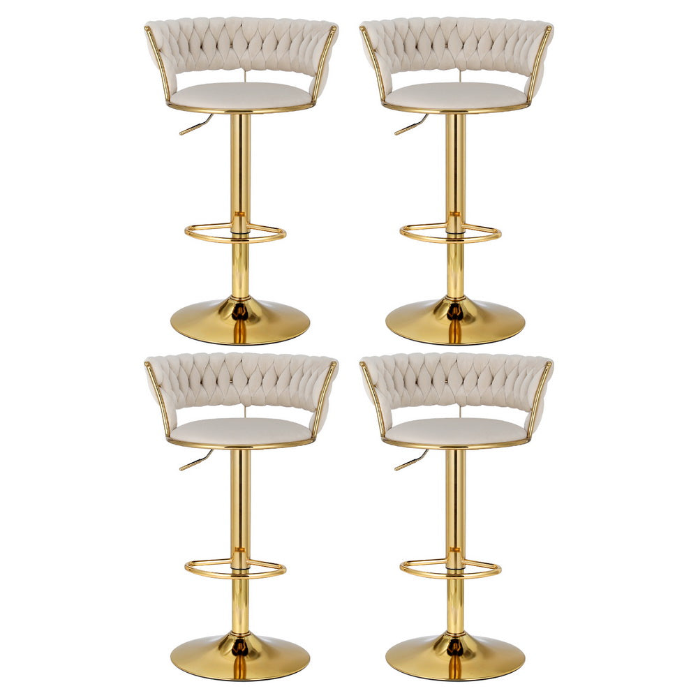 Luxury 4x Bar Stools Gas Lift Velvet Woven Backrest Ivory
