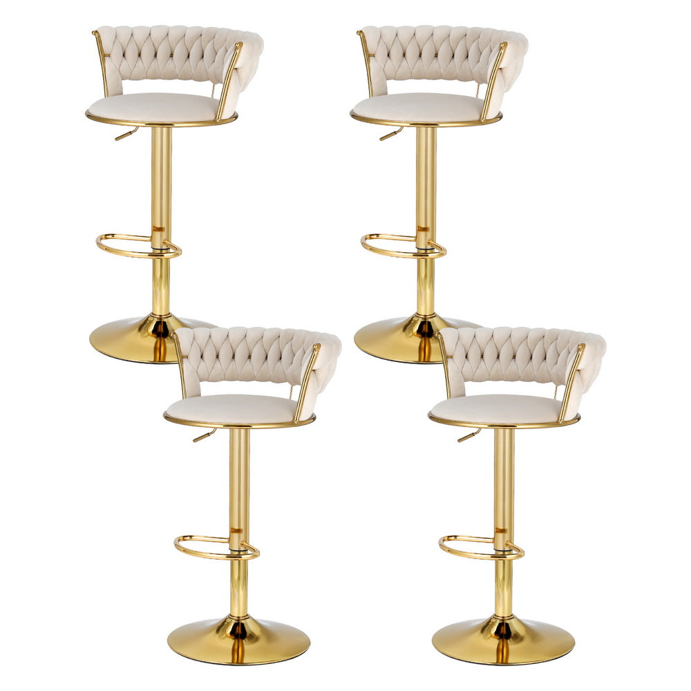 Luxury 4x Bar Stools Gas Lift Velvet Woven Backrest Ivory