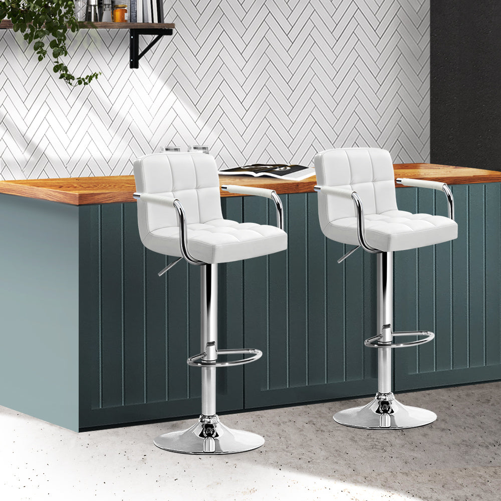 Luxury 2x Bar Stools Leather Gas Lift w/Armrest White