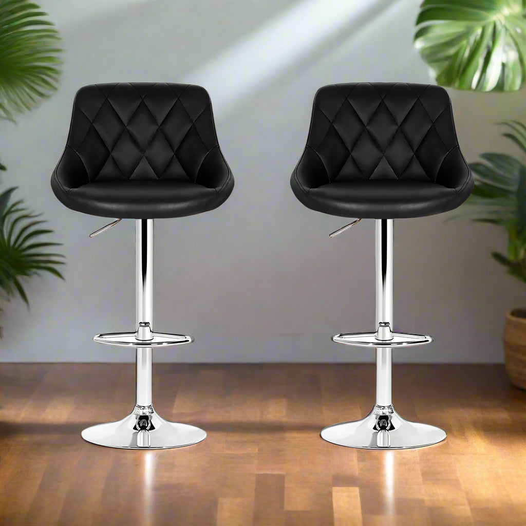 2x Bar Stools Leather Padded Gas Lift Stool Black