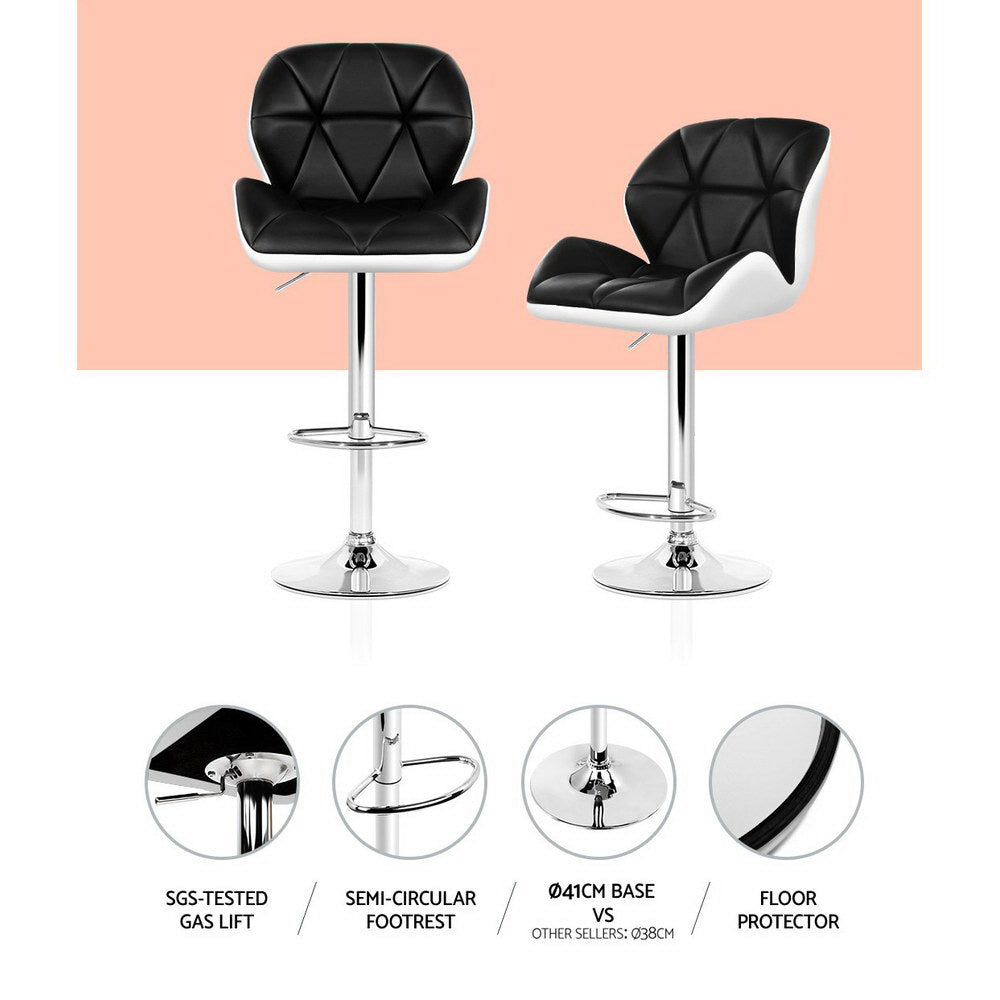 Modern 2x Bar Stools Gas Lift Padded Leather Black & White