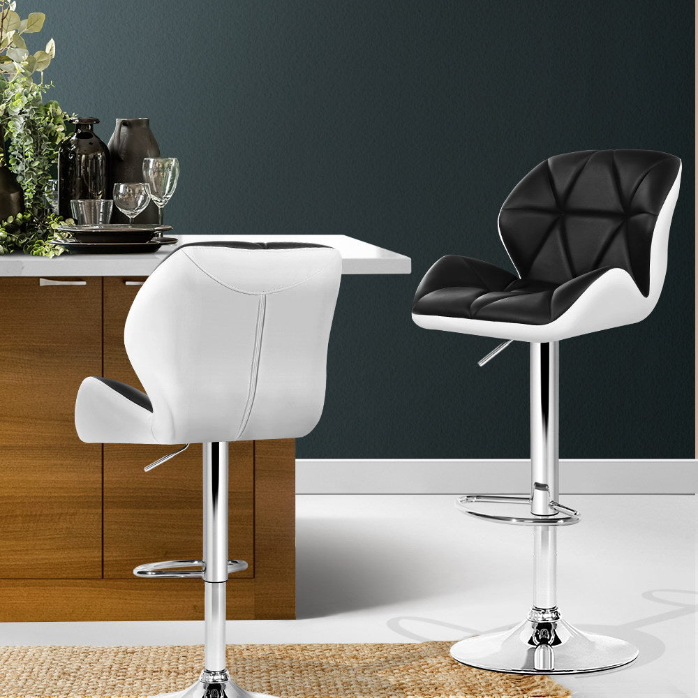 Modern 2x Bar Stools Gas Lift Padded Leather Black & White