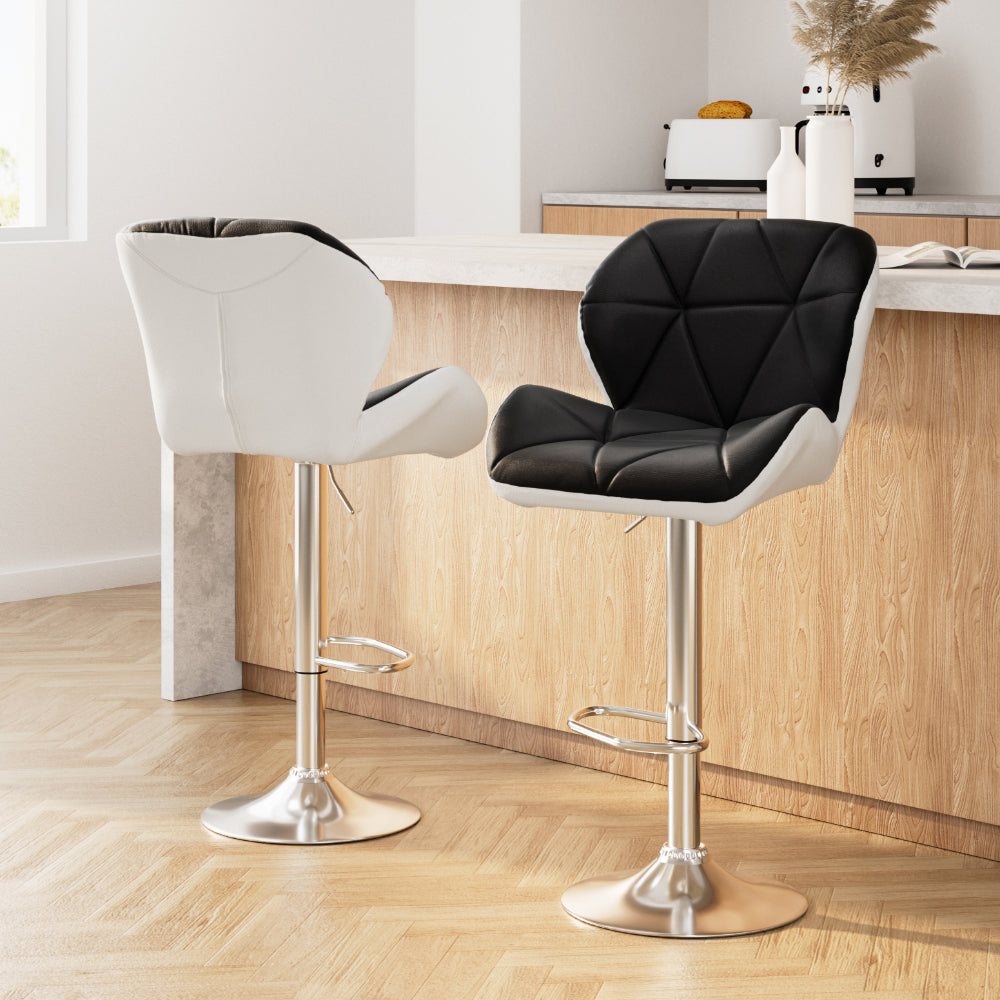 Modern 2x Bar Stools Gas Lift Padded Leather Black & White