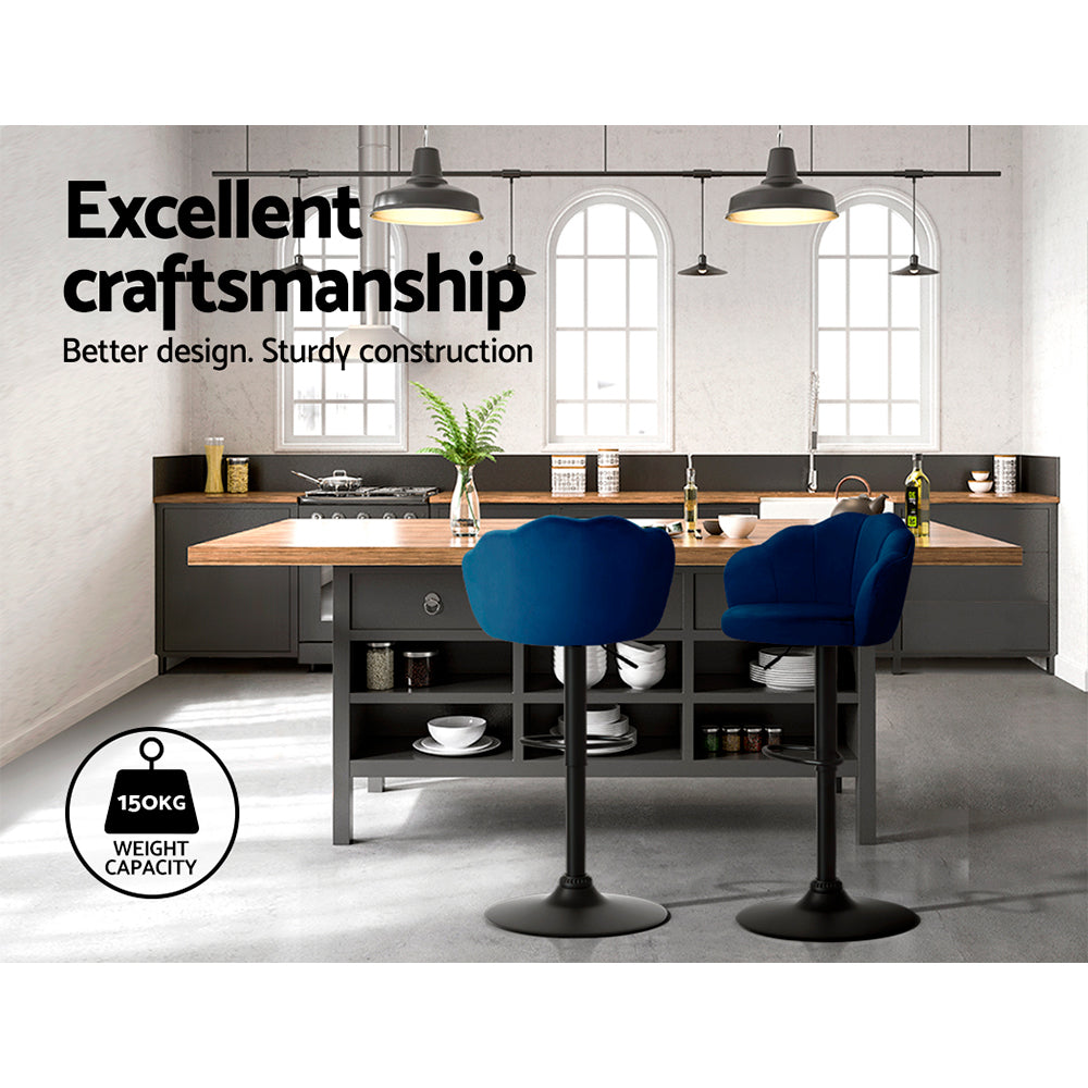 Elegant 2x Bar Stools Gas Lift Velvet Blue