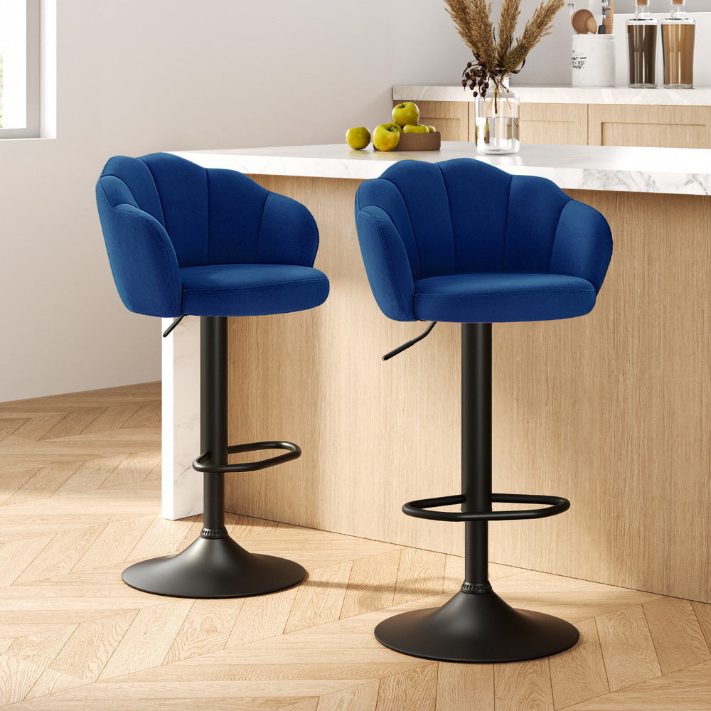 Elegant 2x Bar Stools Gas Lift Velvet Blue