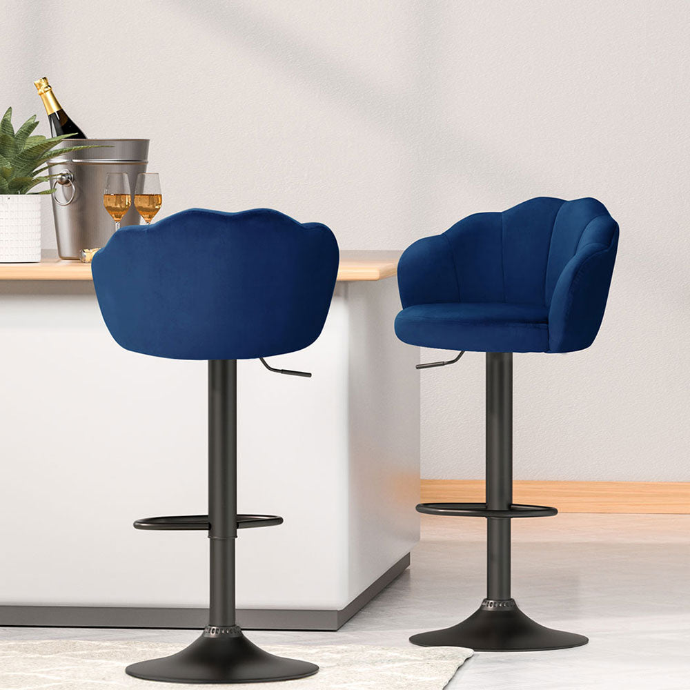 Elegant 4x Bar Stools Gas Lift Velvet Blue