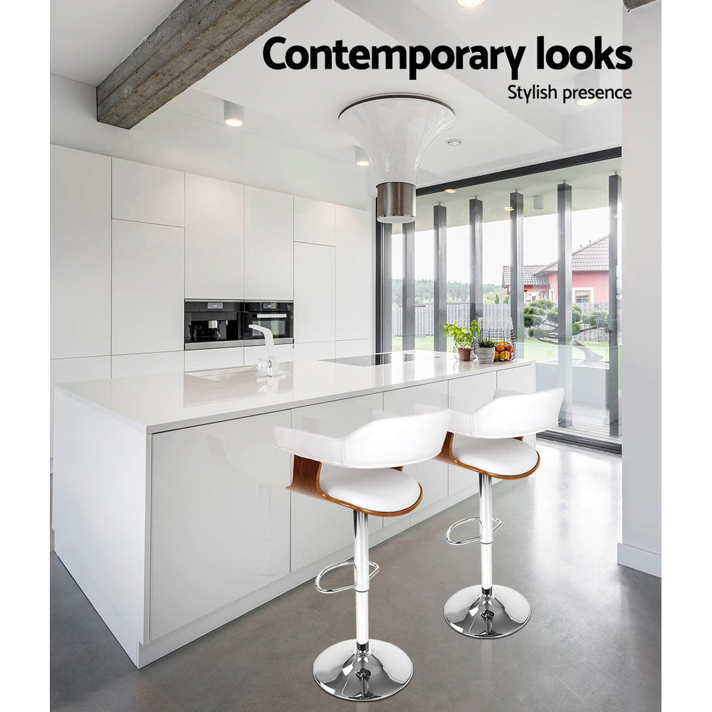 Stylish 2x Bar Stools Gas Lift Leather w/Armrest White