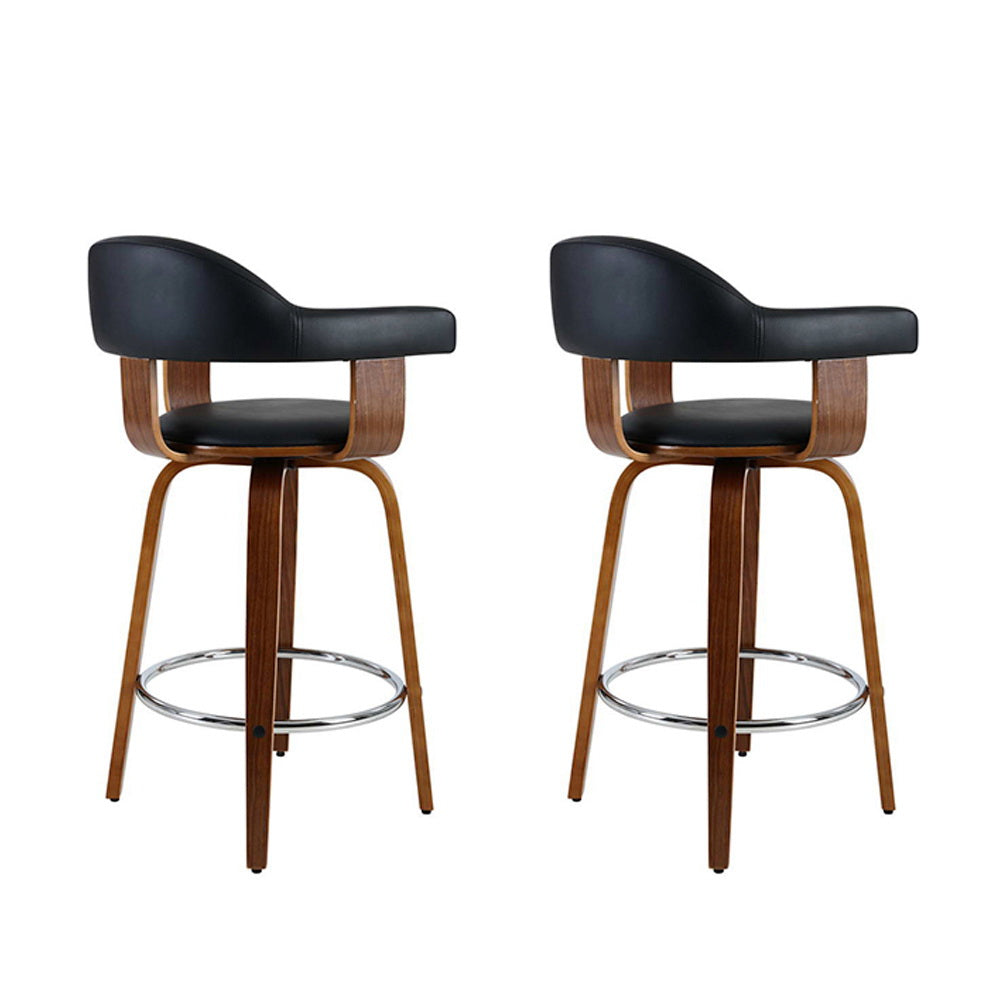Luxury design 2x Bar Stools Leather Seat Wooden Legs