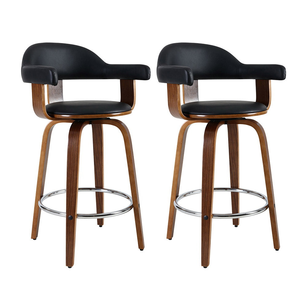 Luxury design 2x Bar Stools Leather Seat Wooden Legs