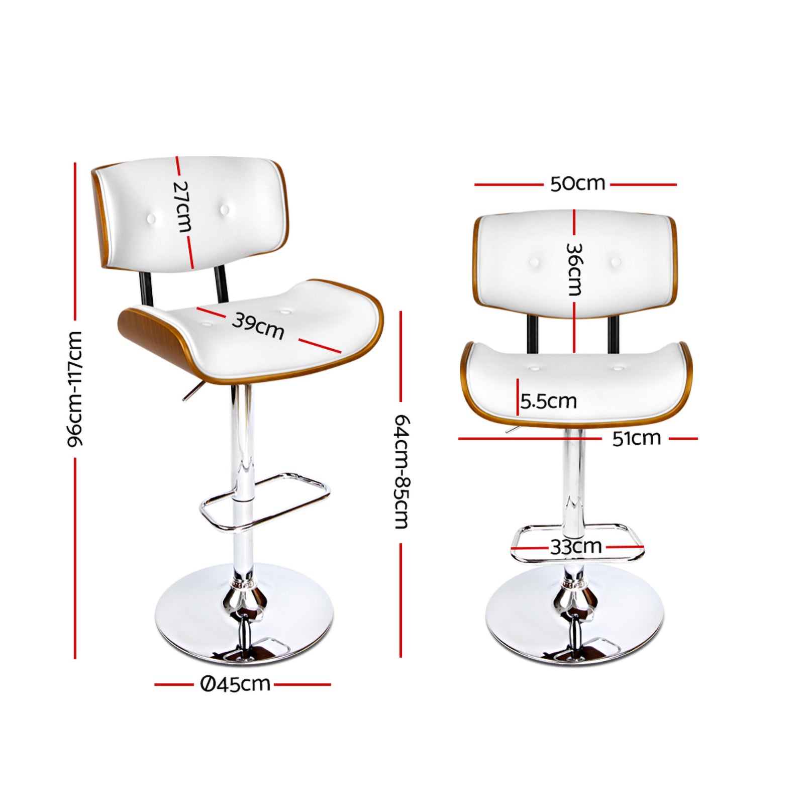 Luxury Bar Stools Gas Lift Leather White