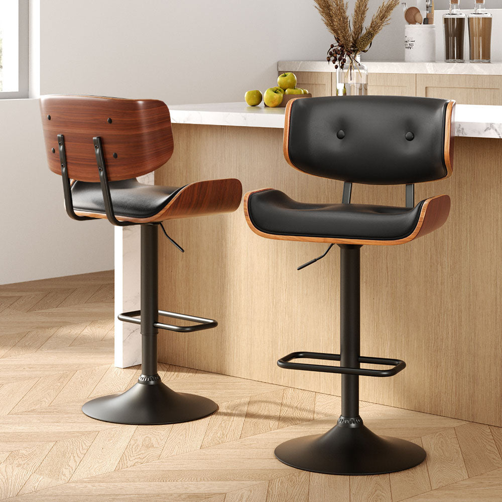 Adjustable 2x Bar Stools Gas Lift Leather All Black