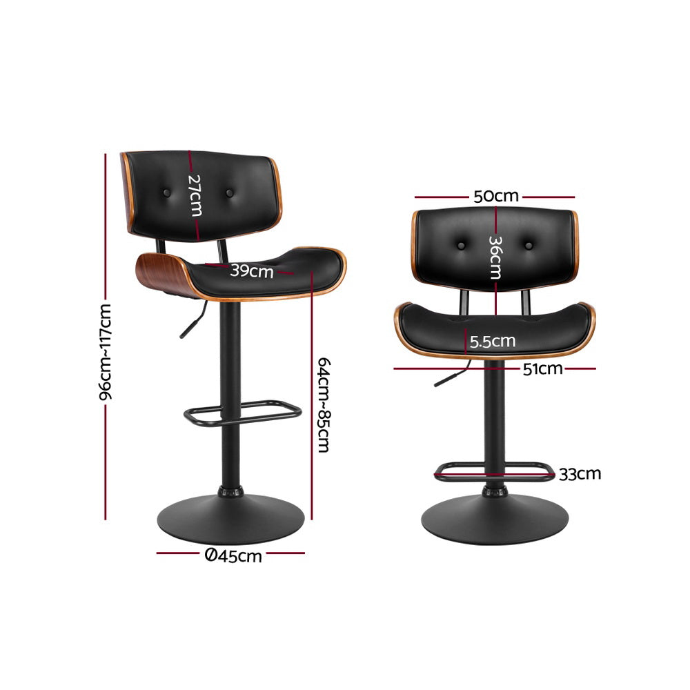 Adjustable 2x Bar Stools Gas Lift Leather All Black