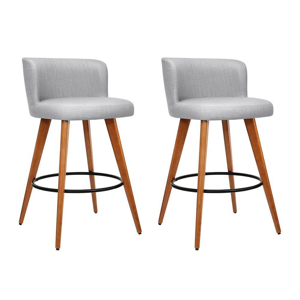 Natural 2x Bar Stools Linen Padded Wooden Grey