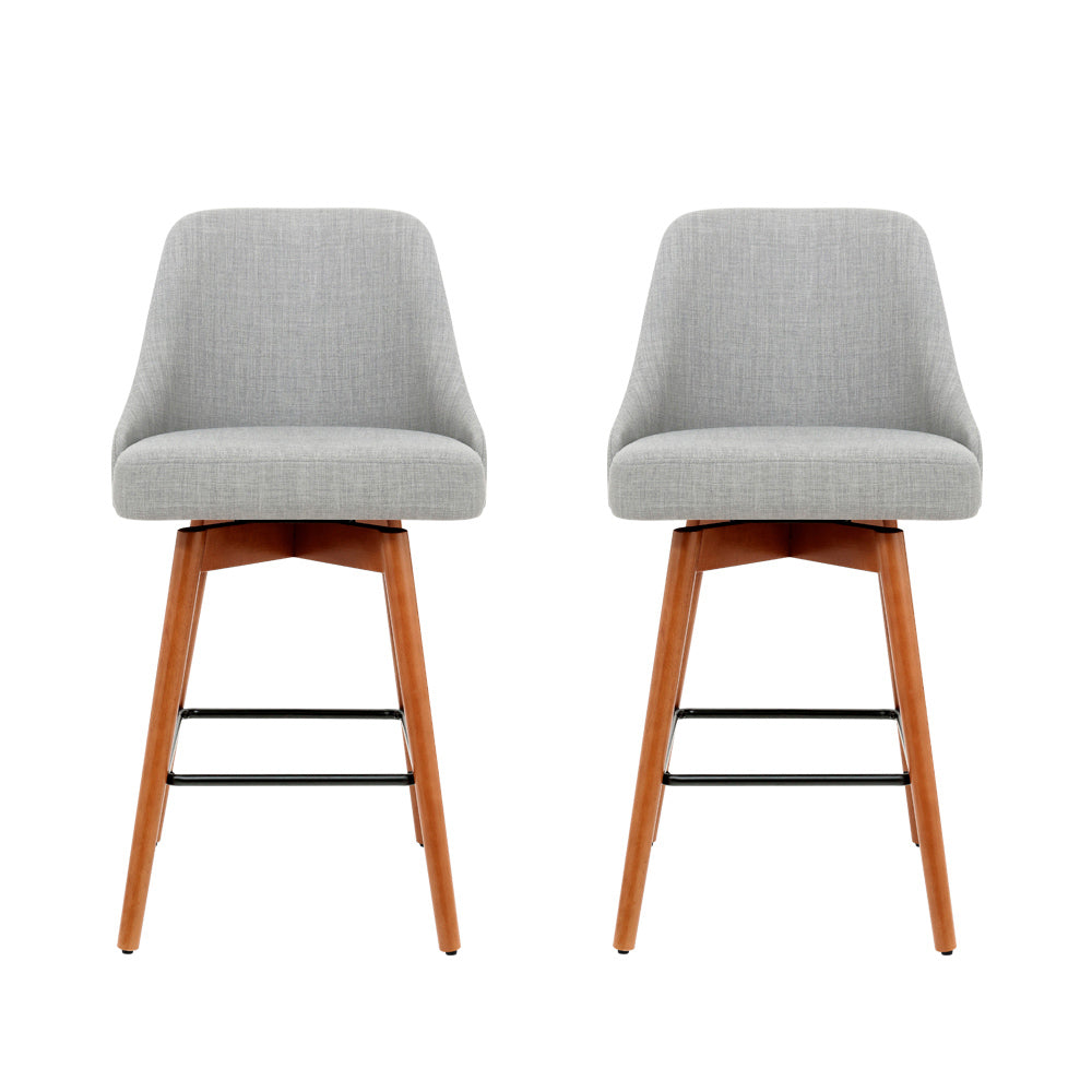 Natural 2x Bar Stools Linen Padded Wooden Grey