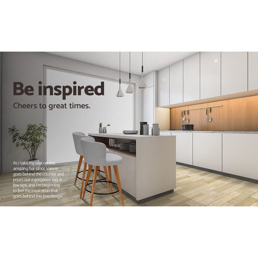 Natural 2x Bar Stools Linen Padded Wooden Grey