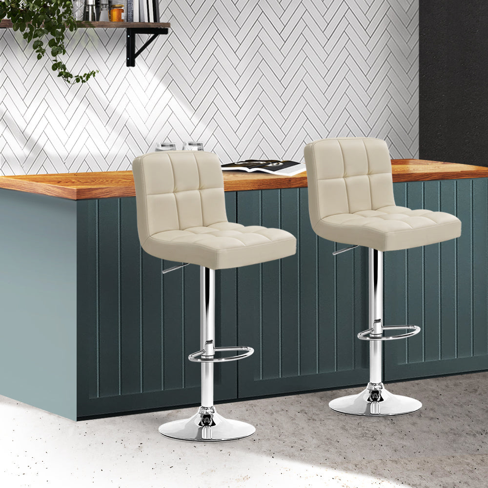 Noel 2x Bar Stools Leather Gas Lift Beige