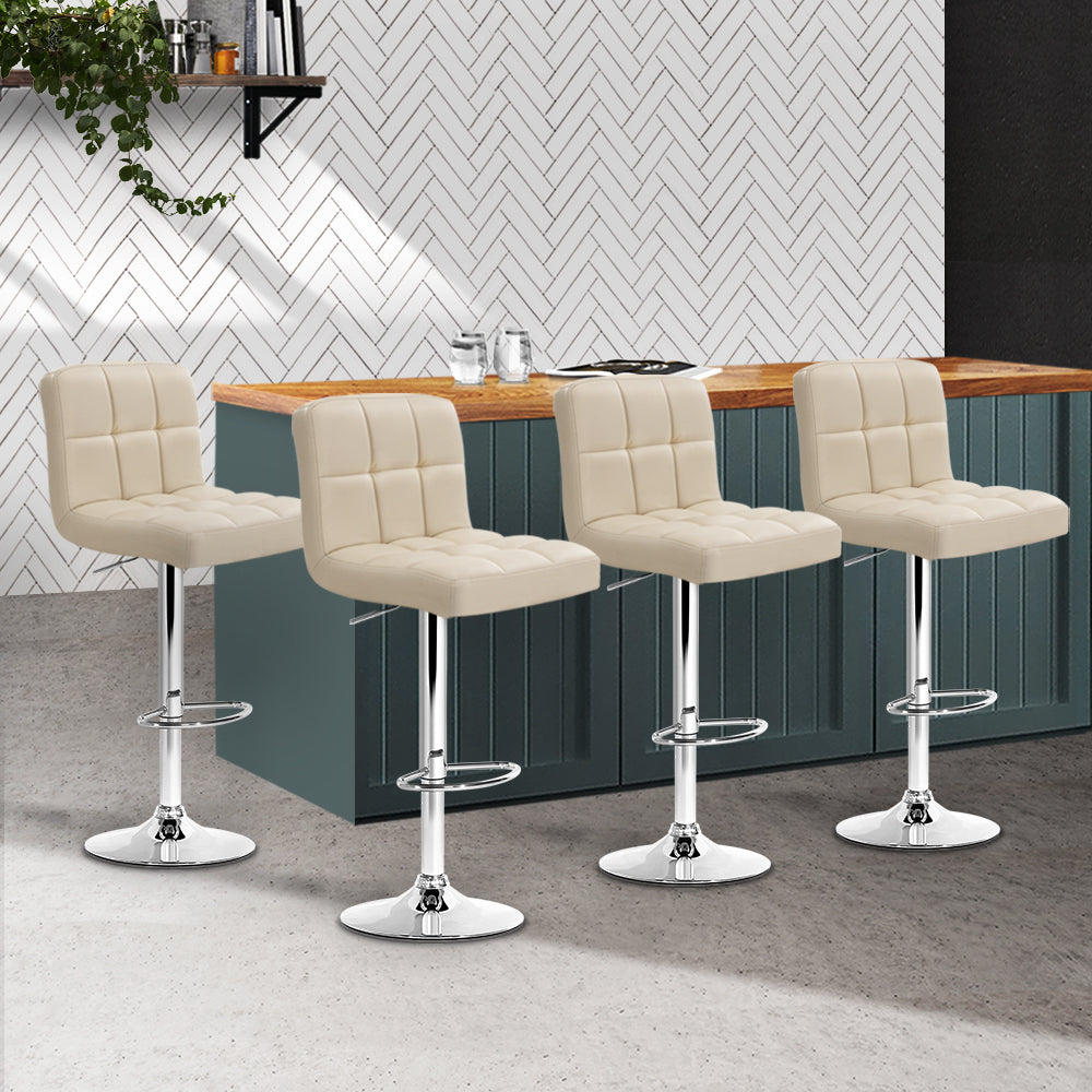 Stylish 4x Bar Stools Leather Gas Lift Beige