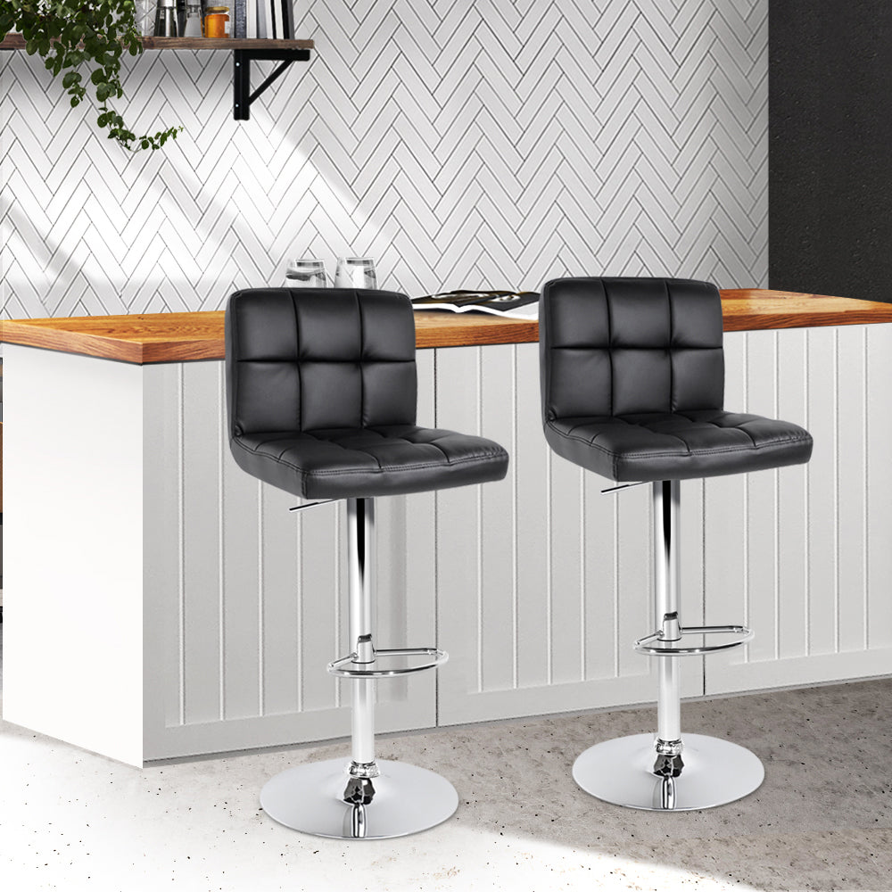 Noel 2x Bar Stools Leather Gas Lift Black