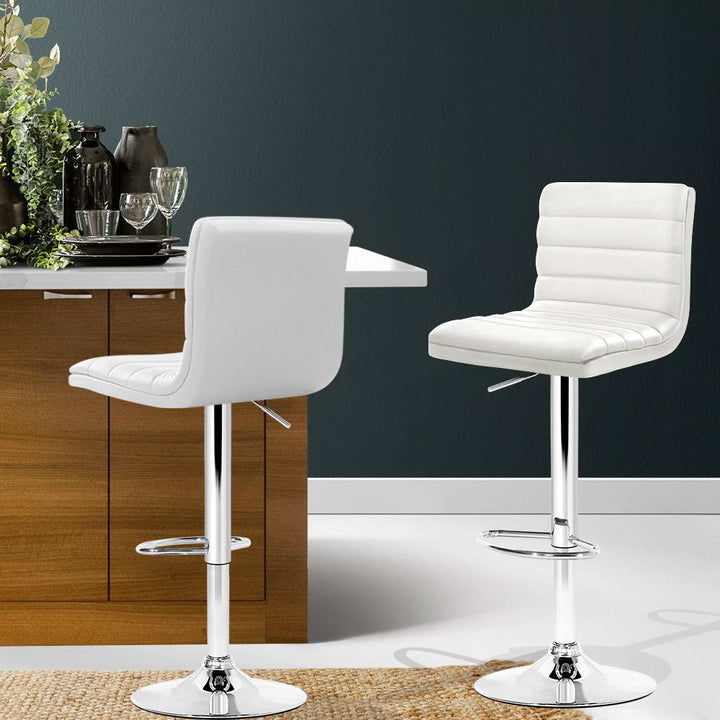Classic 2x Bar Stools Padded Leather Gas Lift White