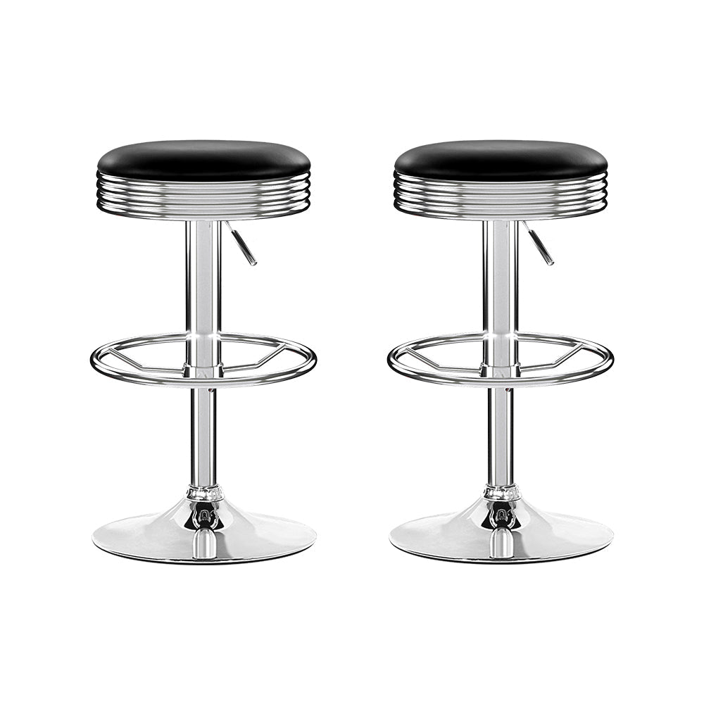 Old school Set of 2 Backless PU Leather Bar Stools - Black and Chrome