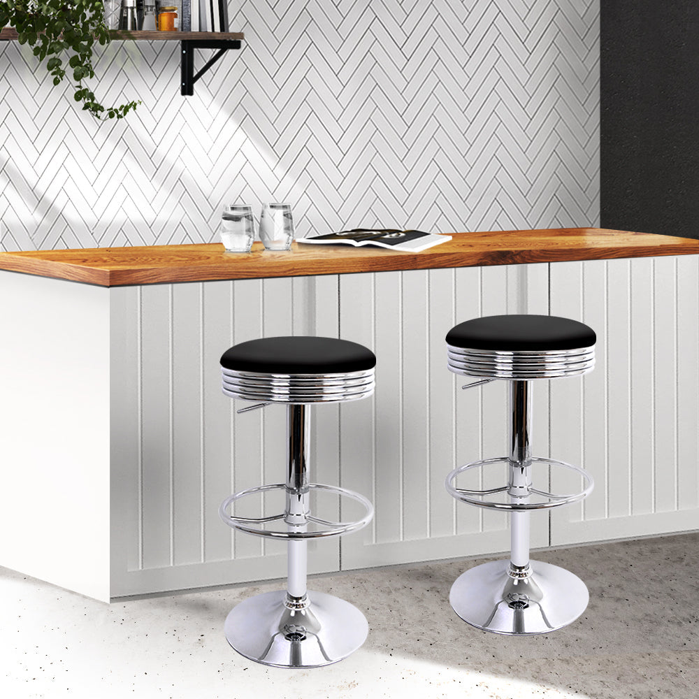 Old school Set of 2 Backless PU Leather Bar Stools - Black and Chrome