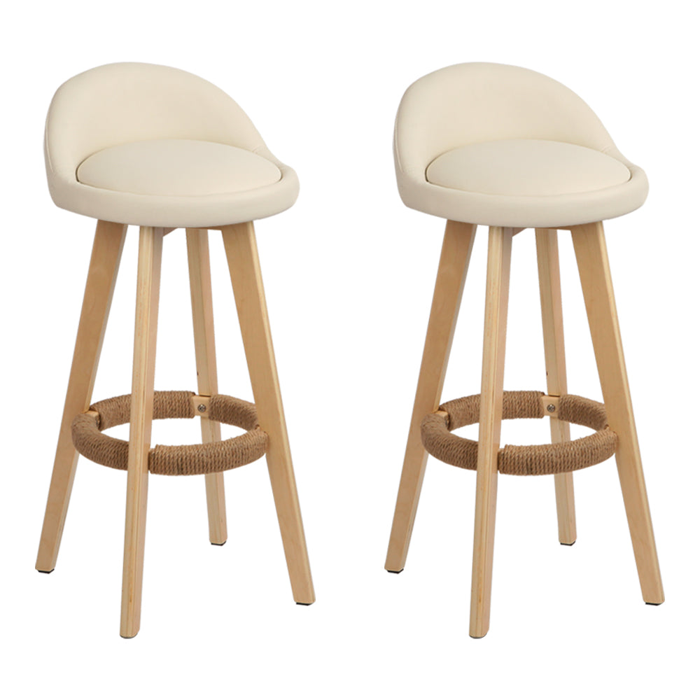 Luxe 2x Bar Stools Padded Leather Wooden Beige