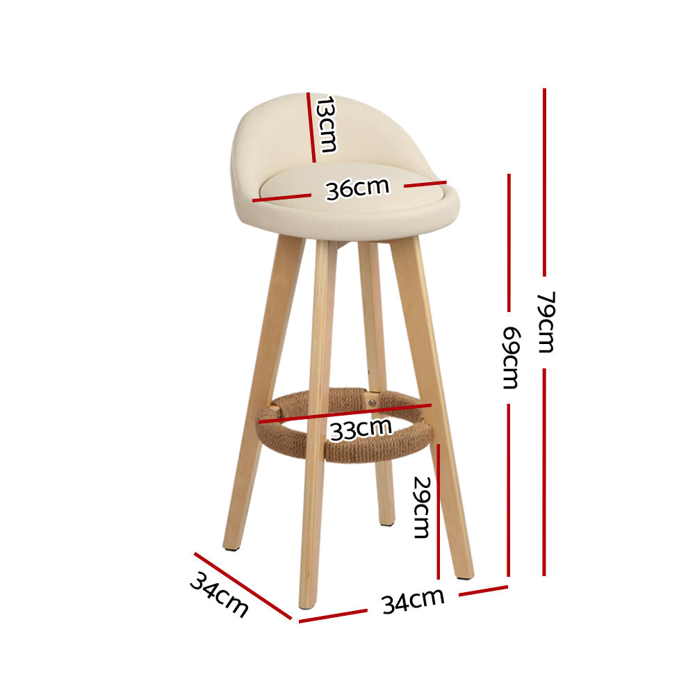 Luxe 2x Bar Stools Padded Leather Wooden Beige