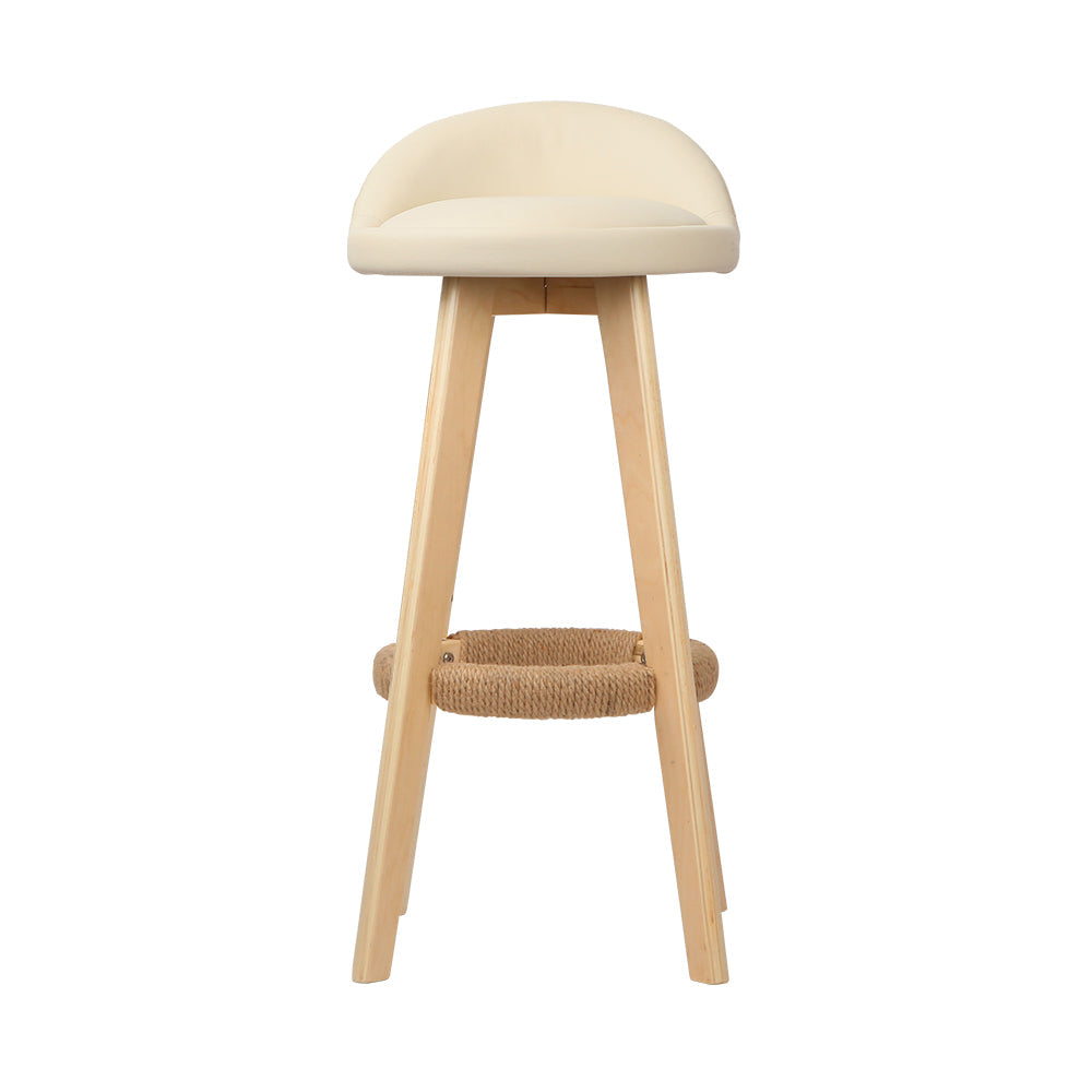Luxe 2x Bar Stools Padded Leather Wooden Beige