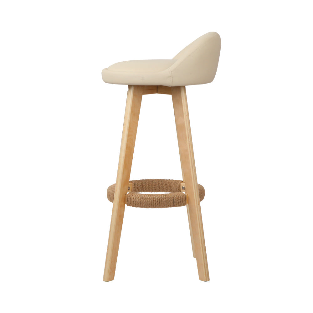 Luxe 2x Bar Stools Padded Leather Wooden Beige