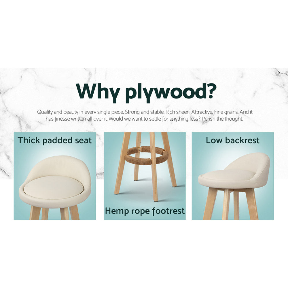 Luxe 2x Bar Stools Padded Leather Wooden Beige