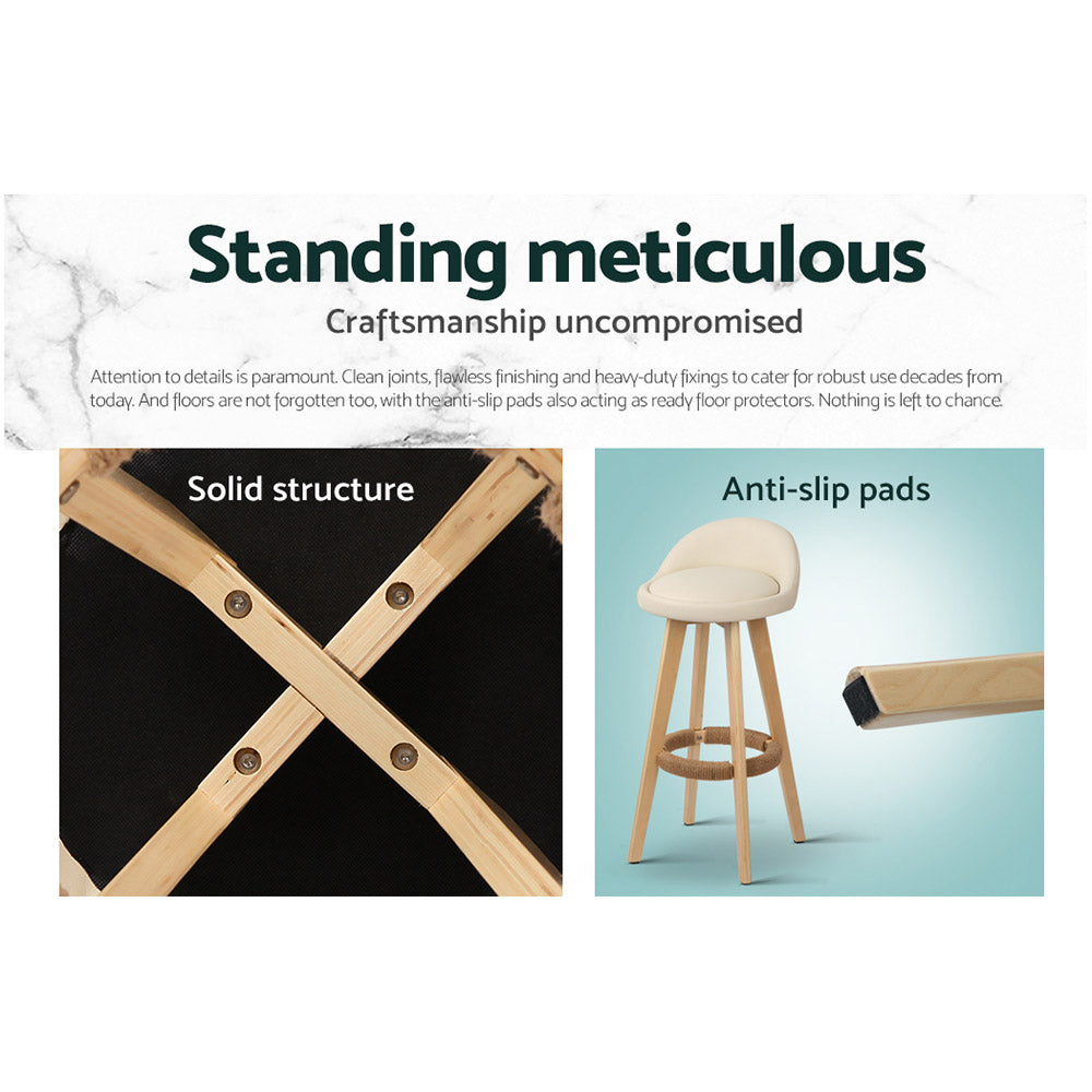 Luxe 2x Bar Stools Padded Leather Wooden Beige